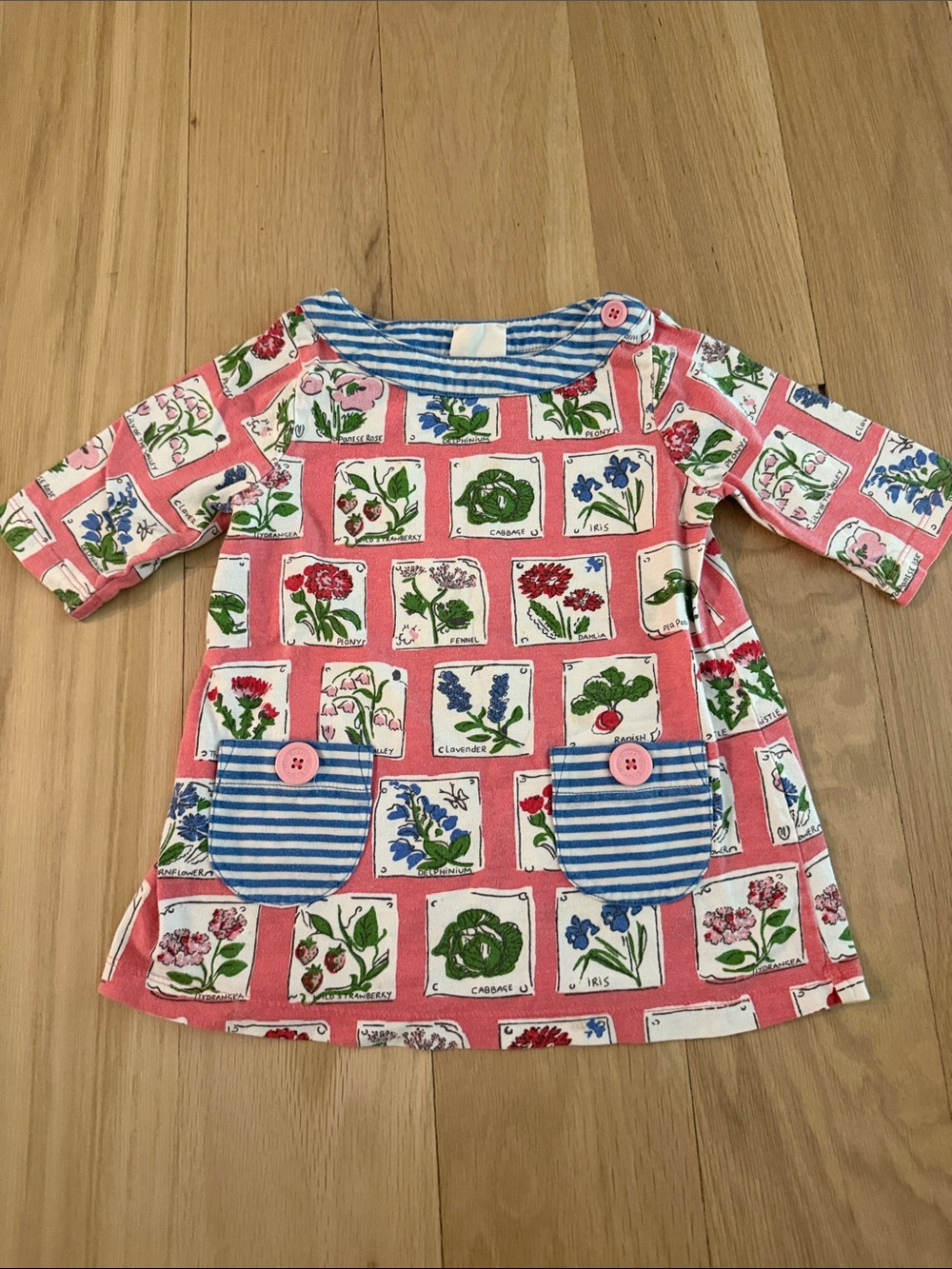 Mini Boden Pink Floral Patch Short Sleeve Tunic with Blue Stripe Pockets